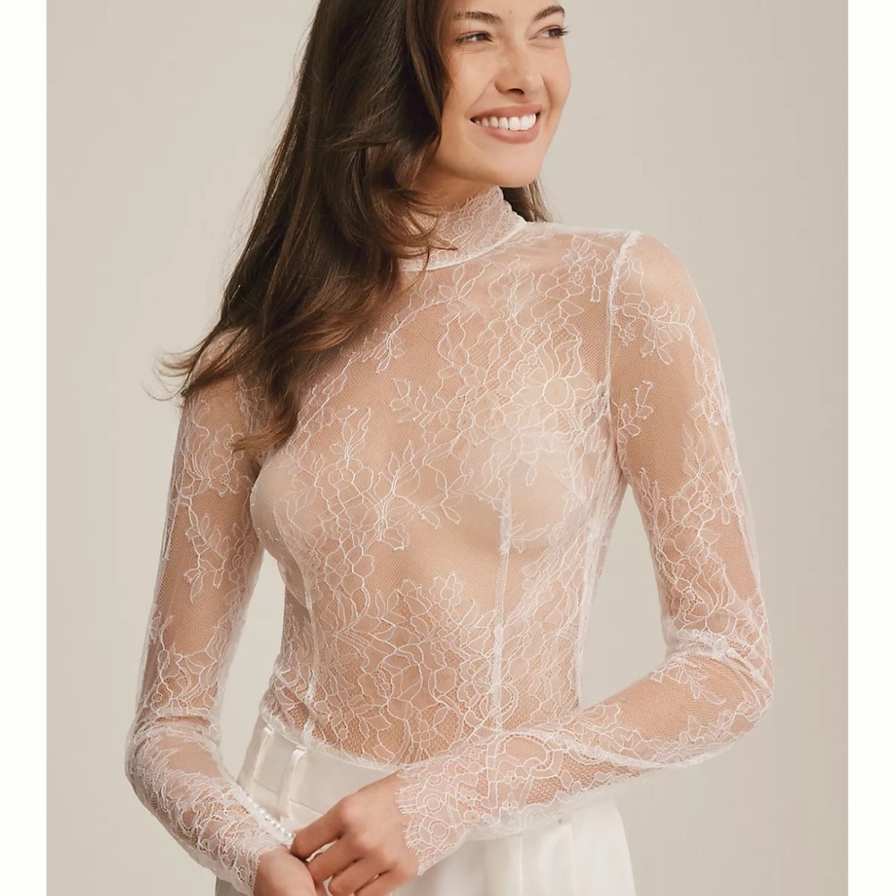 Watters Sheer Lace High-Neck Long-Sleeve Bodysuit in Ivory